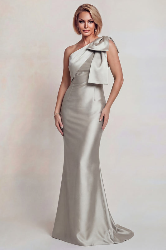 Grey Satin One Shoulder Mermaid Long Mother of the Bride Dress with Bow