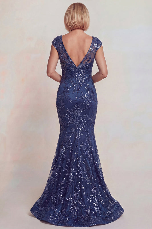 Sparkly Floral Dark Blue Mermaid Lace V-Neck Long Mother of the Bride Dress