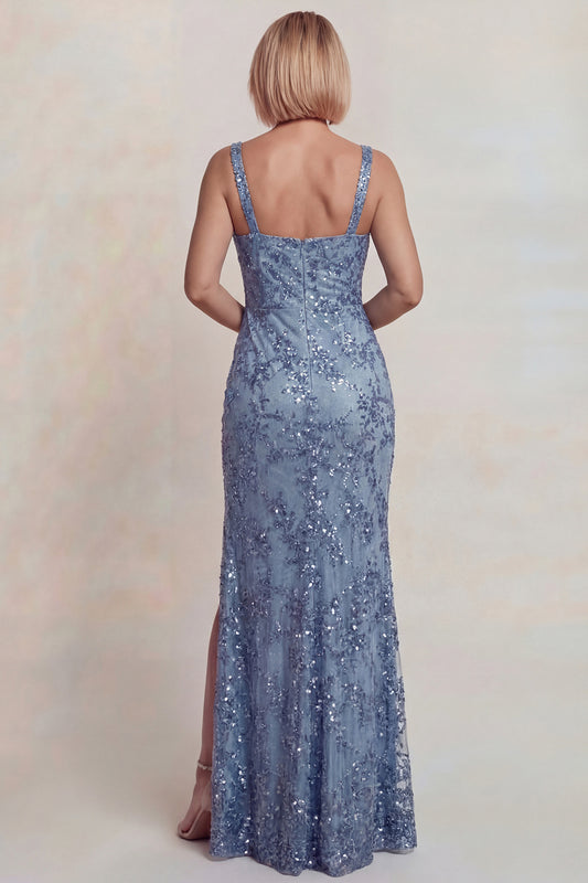 Sparkly Grey Blue Mermaid Floral Lace Long Mother of the Bride Dress with Slit