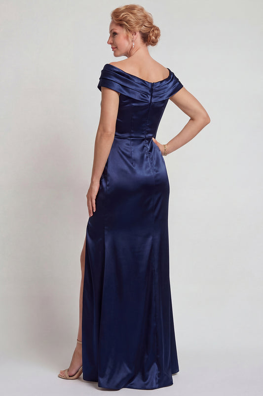 Navy Mermaid Satin Boat Neck Ruched Long Mother of the Bride Dress with Slit
