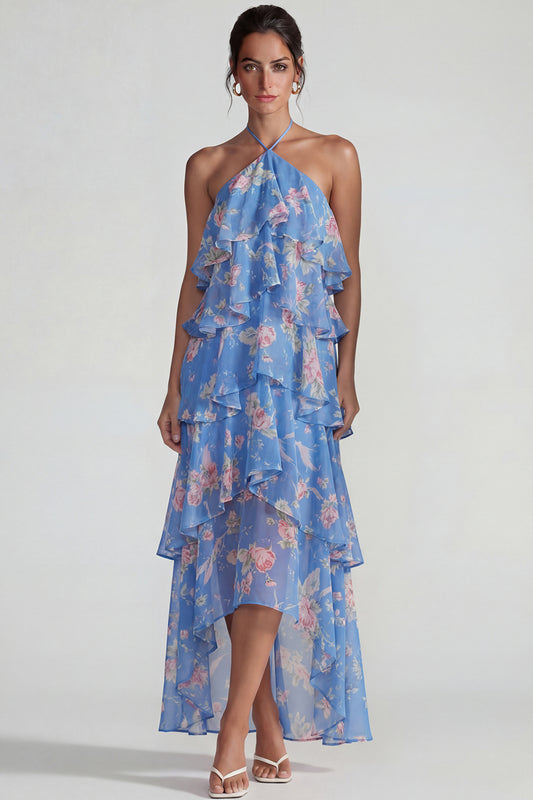 Blue Pink Tiered A Line Flower Halter Long Wedding Guest Dress with Ruffles