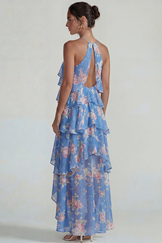 Blue Pink Tiered A Line Flower Halter Long Wedding Guest Dress with Ruffles