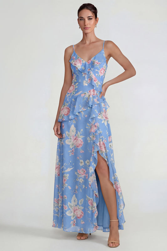 Blue Pink Flower A Line Spaghetti Straps Ruffled Long Wedding Guest Dress with Slit