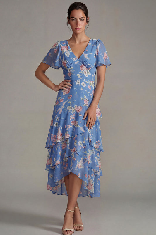 V Neck Blue Pink A Line Long Flower Wedding Guest Dress with Ruffles