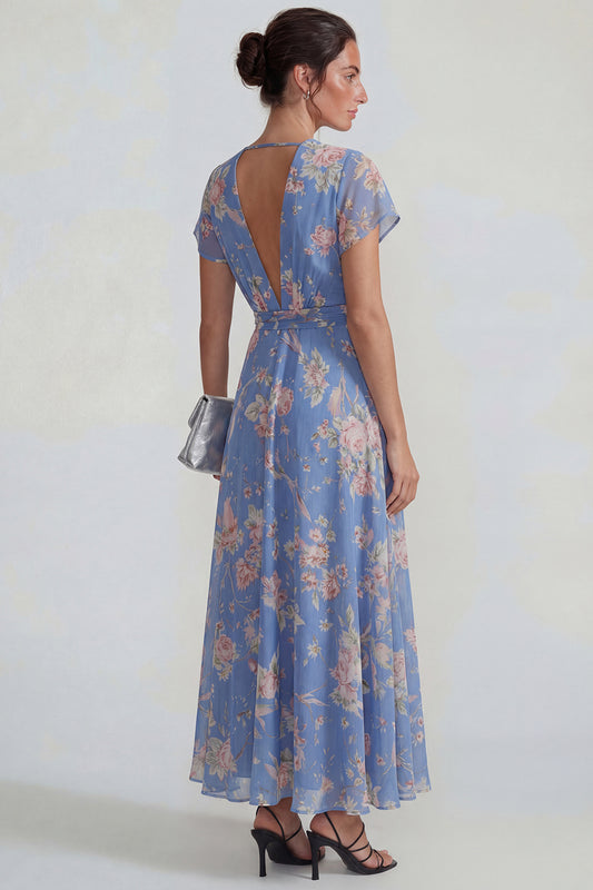 Blue Pink Flower V Neck A Line Long Wedding Guest Dress with Sash