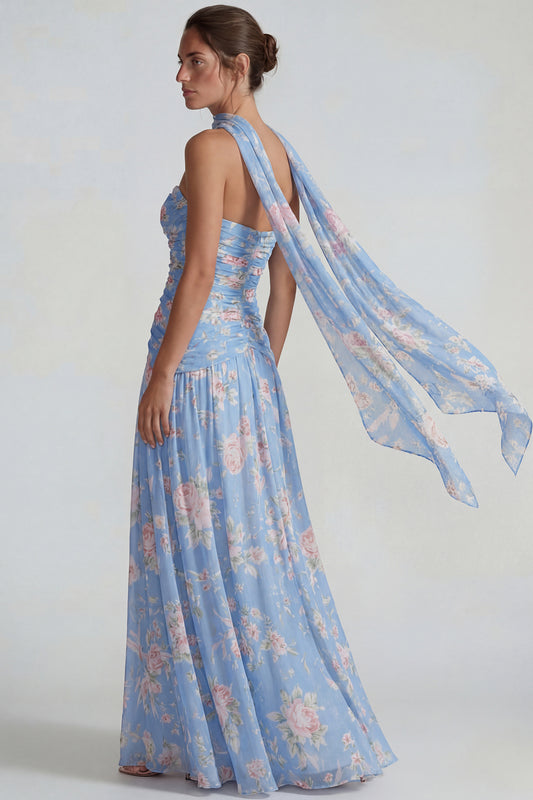 Flower Blue Pink Neck Scarf A Line Long Wedding Guest Dress