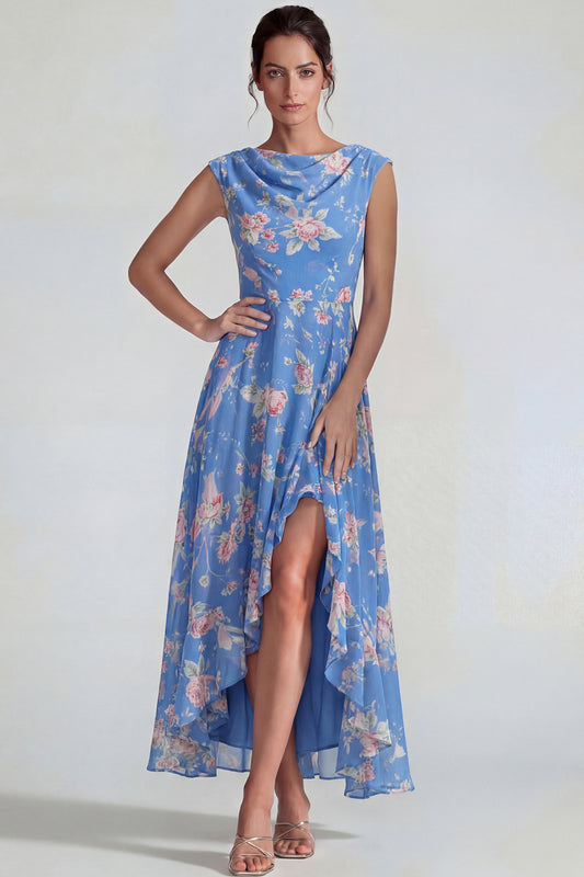 Bateau Neck Blue Pink Flower A Line Long Wedding Guest Dress with Slit