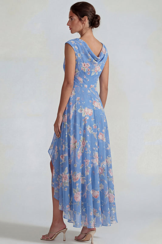 Bateau Neck Blue Pink Flower A Line Long Wedding Guest Dress with Slit