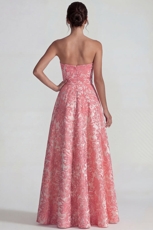 Blush Sweetheart Jacquard Floral A Line Long Wedding Guest Dress with Slit