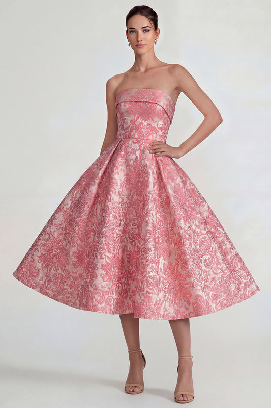 A Line Blush Jacquard Long Floral Wedding Guest Dress