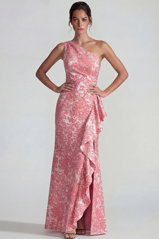 One Shoulder Mermaid Blush Jacquard Floral Long Wedding Guest Dress with Slit