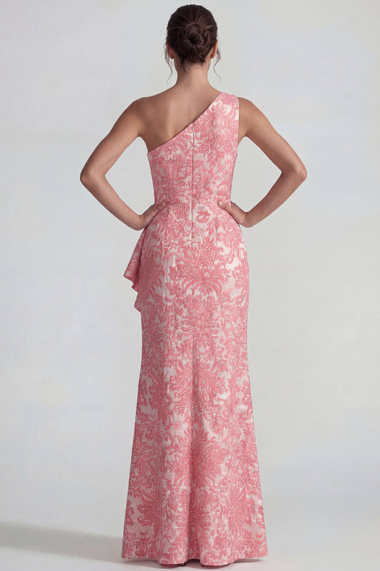 One Shoulder Mermaid Blush Jacquard Floral Long Wedding Guest Dress with Slit