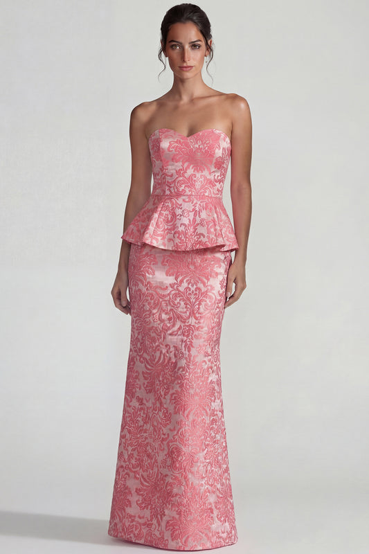 Sweetheart Mermaid Blush Jacquard Floral Long Wedding Guest Dress