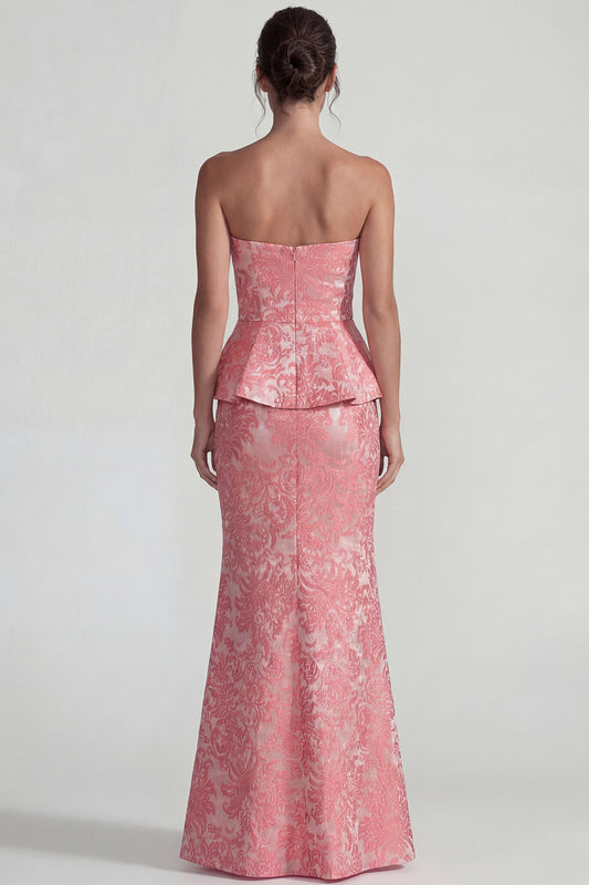 Sweetheart Mermaid Blush Jacquard Floral Long Wedding Guest Dress