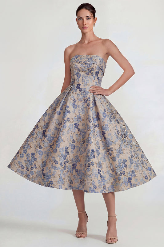 Grey Blue A Line Jacquard Floral Strapless Long Wedding Guest Dress