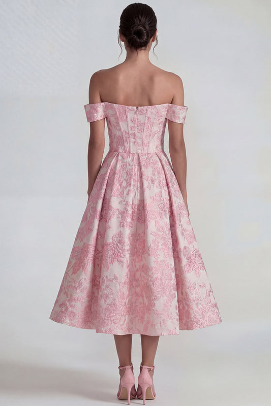Pink A Line Off the Shoulder Corset Jacquard Long Wedding Guest Dress