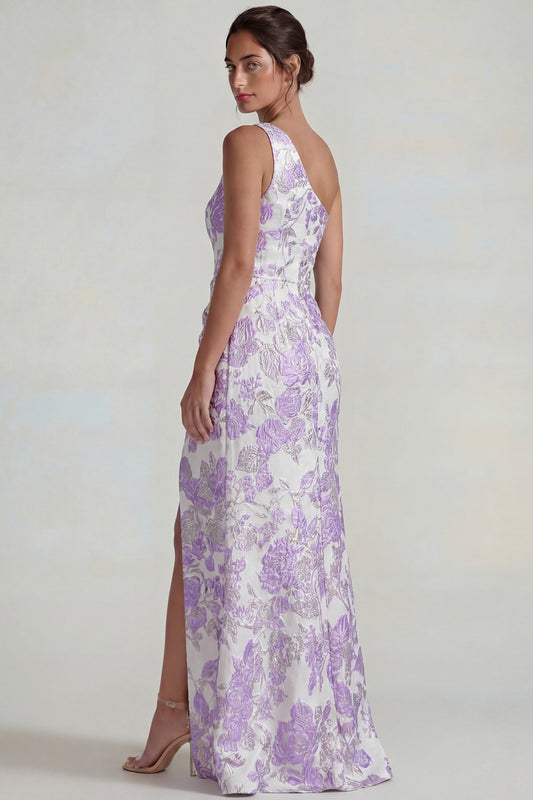 Lilac Sheath One Shoulder Jacquard Floral Long Formal Dress with Slit