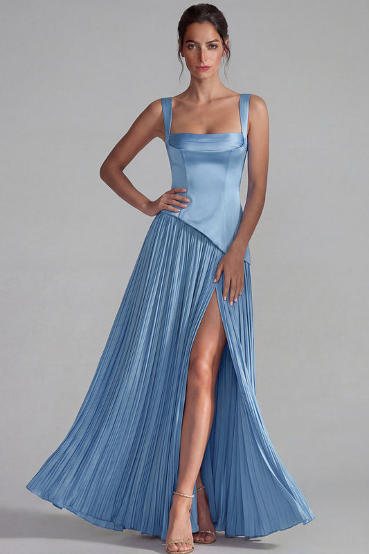 Blue Satin Pleated Long Basque Waist Wedding Guest Dress with Slit
