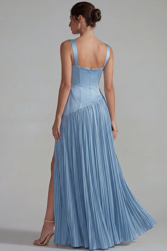 Blue Satin Pleated Long Basque Waist Wedding Guest Dress with Slit