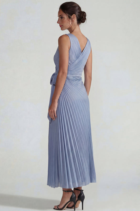 Grey Blue V Neck Pleated Satin Sheath Long Wedding Guest Dress