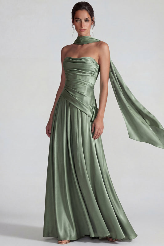 Dusty Sage A Line Neck Scarf Satin Long Wedding Guest Dress