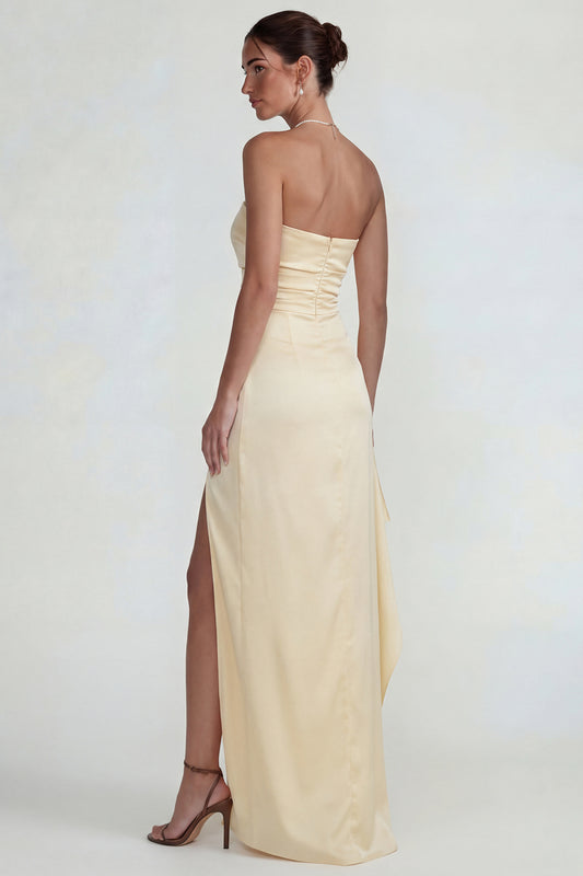 Light Yellow Strapless Satin Sheath Ruffled Long Wedding Guest Dress with Slit