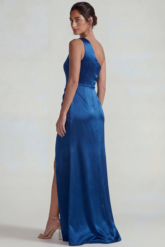 Dark Blue One Shoulder Sheath Long Satin Wedding Guest Dress with Slit