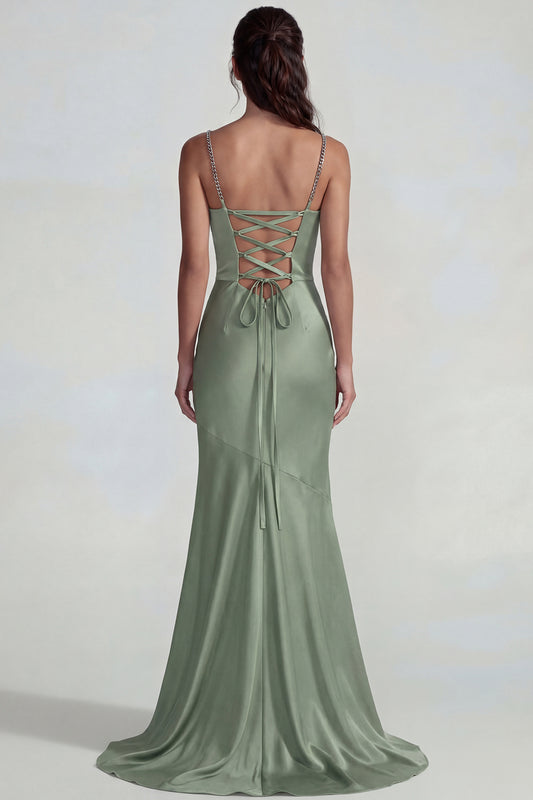 Dusty Sage Spaghetti Straps Satin Mermaid Long Wedding Guest Dress