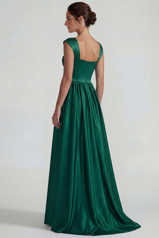 Dark Green A Line Satin Square Neck Long Wedding Guest Dress