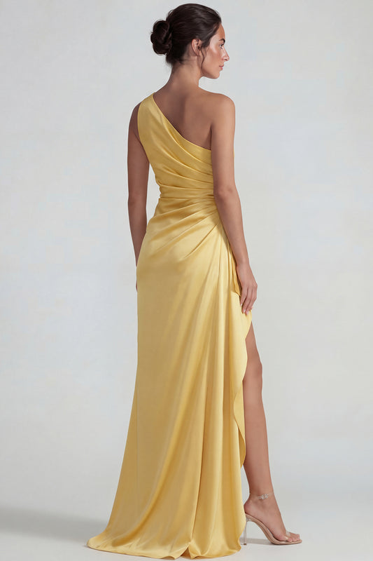 Sheath Yellow One Shoulder Ruffled Long Wedding Guest Dress with Slit