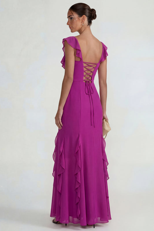 Dark Purple Mermaid Ruffled Long Wedding Guest Dress with Slit