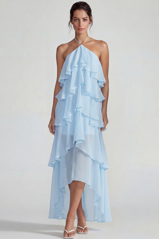 Blue A Line Tiered Halter Long Wedding Guest Dress with Ruffles