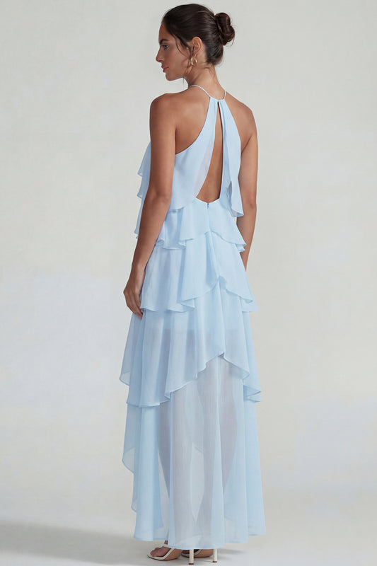 Blue A Line Tiered Halter Long Wedding Guest Dress with Ruffles