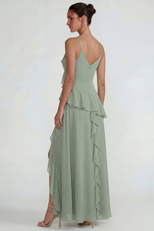 Dusty Sage Spaghetti Straps Ruffled Chiffon Long A Line Wedding Guest Dress with Slit