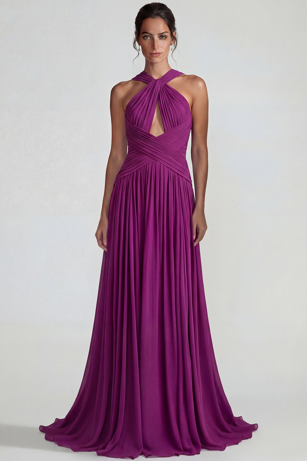 Dark Purple Chiffon Neck Scarf A Line Long Wedding Guest Dress with Keyhole