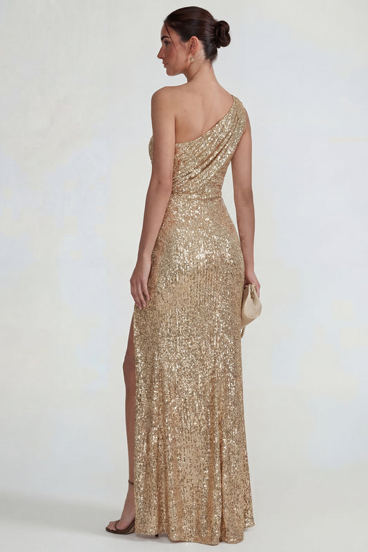 Sparkly Golden One Shoulder Sequin Long Mermaid Formal Dress