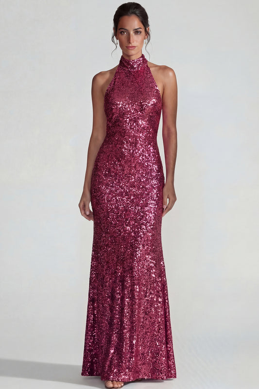 Fuchsia High Neck Sparkly Sequin Mermaid Long Formal Dress