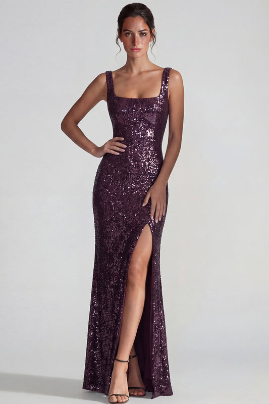 Dark Purple Square Neck Sparkly Sequin Mermaid Long Formal Dress with Slit