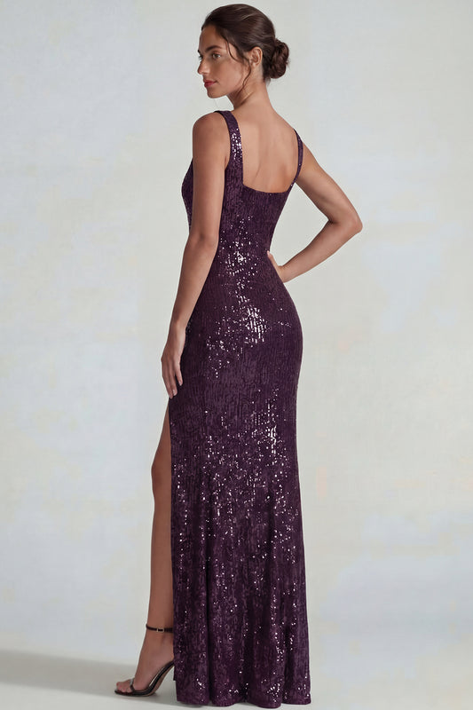 Dark Purple Square Neck Sparkly Sequin Mermaid Long Formal Dress with Slit
