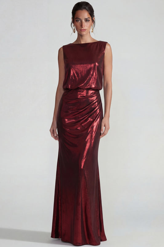 Burgundy Bateau Neck Metallic Long Mermaid Formal Dress