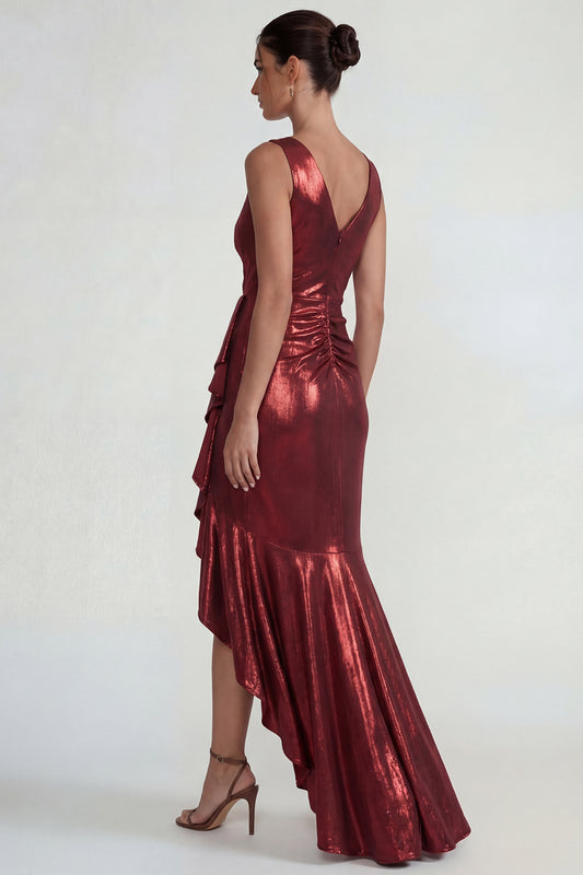 Burgundy V Neck Mermaid Metallic Ruffled Long Formal Dress with Slit
