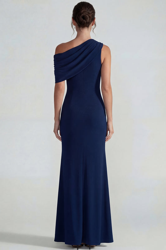 Navy Mermaid One Shoulder Wedding Guest Dress with Slit