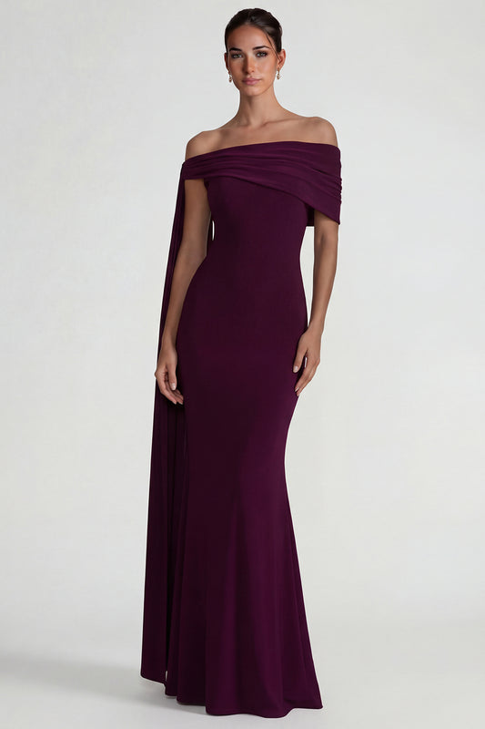 Burgundy Off the Shoulder Mermaid Long Wedding Guest Dress with Side Cape