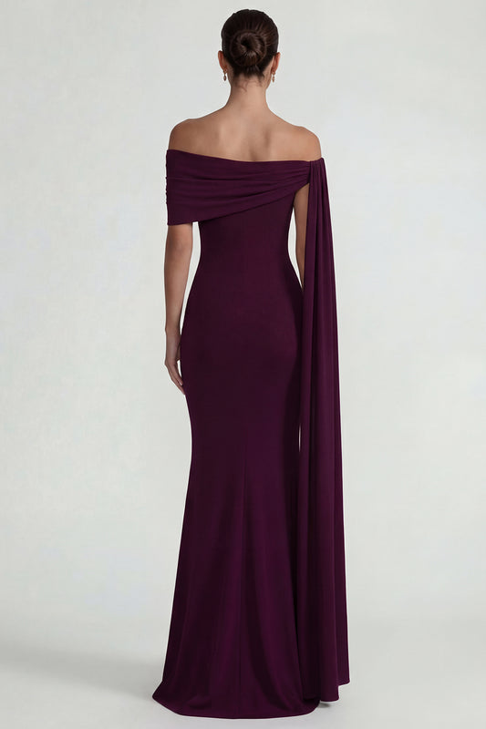 Burgundy Off the Shoulder Mermaid Long Wedding Guest Dress with Side Cape