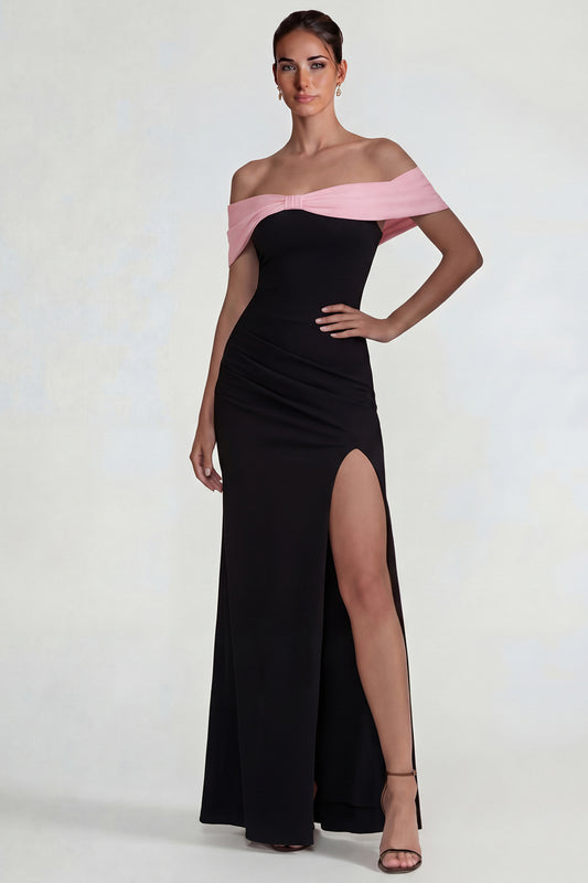 Off the Shoulder Black Pink Mermaid Long Wedding Guest Dress with Slit