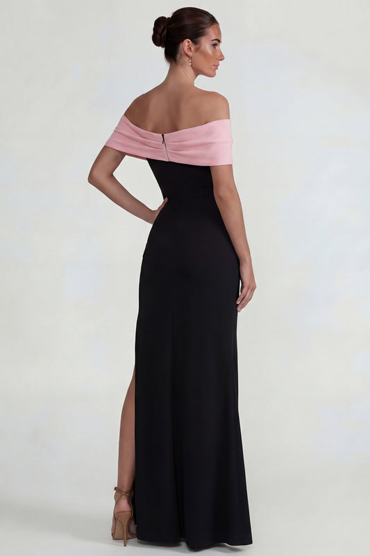 Off the Shoulder Black Pink Mermaid Long Wedding Guest Dress with Slit