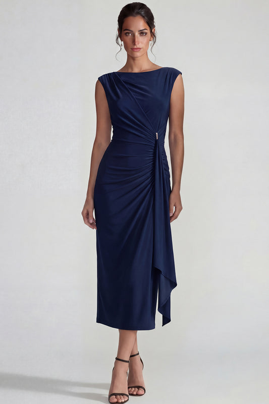 Navy Bateau Neck Maxi Weddingg Guest Dress with Sash