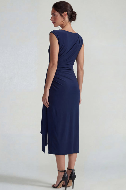 Navy Bateau Neck Maxi Weddingg Guest Dress with Sash