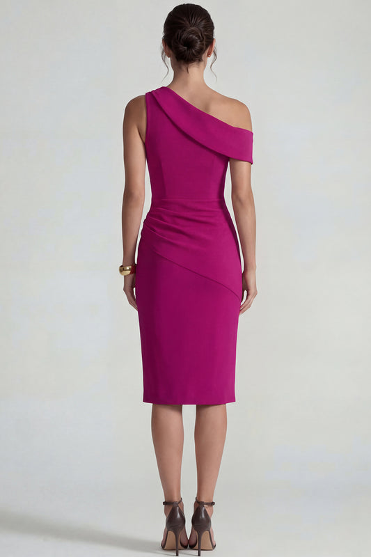 Fuchsia One Shoulder Bodycon Midi Wedding Guest Dress