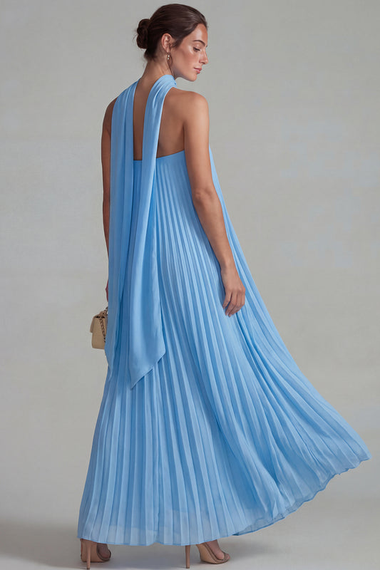 Chiffon Blue Neck Scarf Pleated Long Wedding Guest Dress